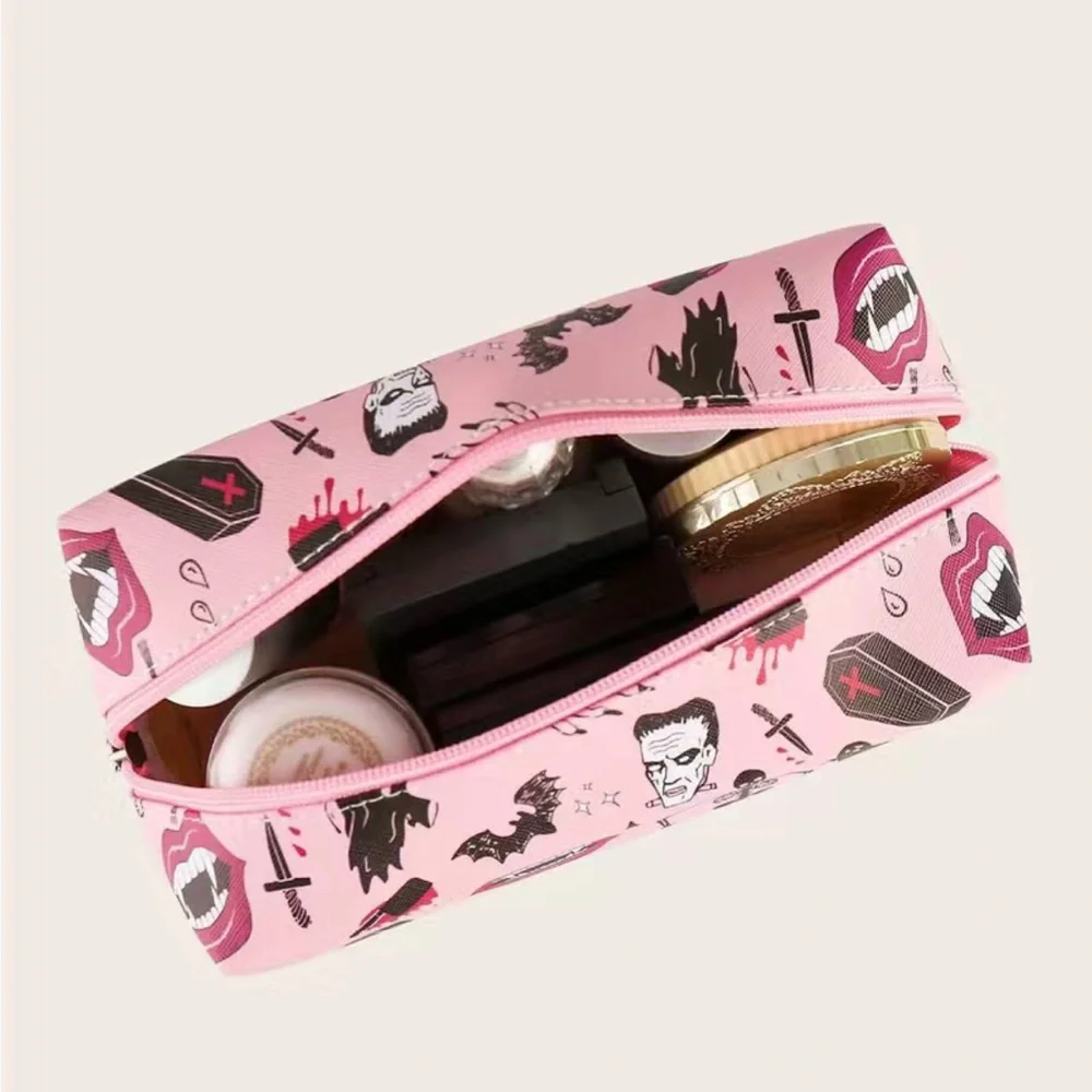 Halloween Pink Cosmetic Bag Goth Coffin Skeleton Dagger Fangs Ghoul Makeup - Picture 3 of 7
